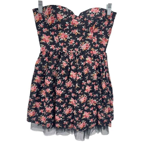 Sans Souci Womens Floral Dress Cotton Strapless Fit & Flare Mini Black Red - Picture 1 of 12